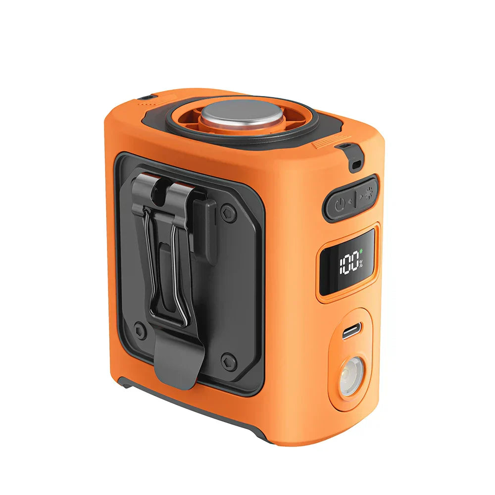 Ventilateur ceinture orange de trois quarts : clip, écran de charge et lampe LED