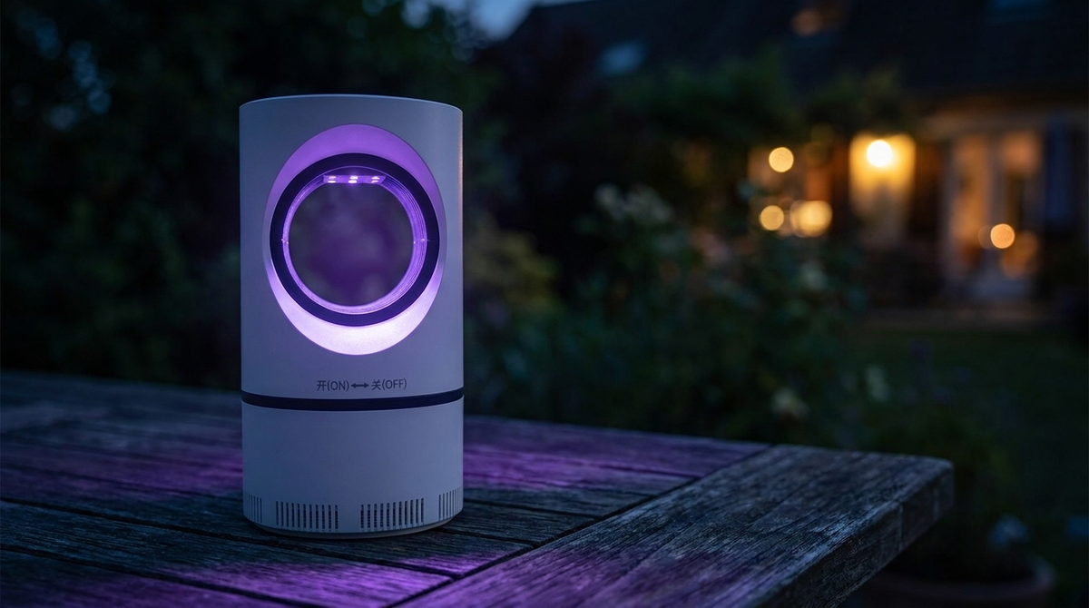 Piège à insectes UV posé sur une table de terrasse en bois, halo violet au crépuscule