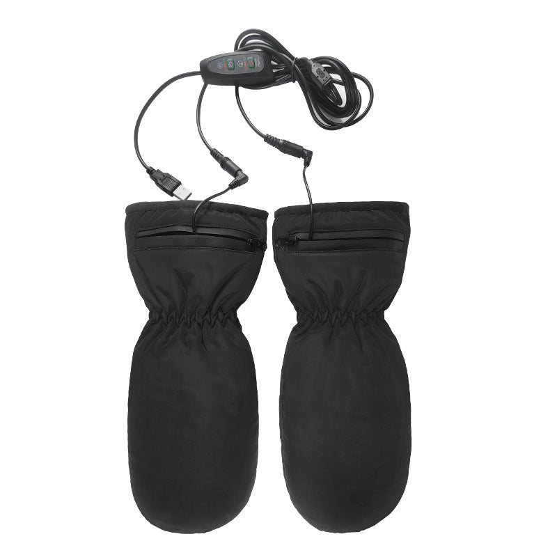 Paire de moufles chauffantes USB noires avec fermeture zippée au poignet