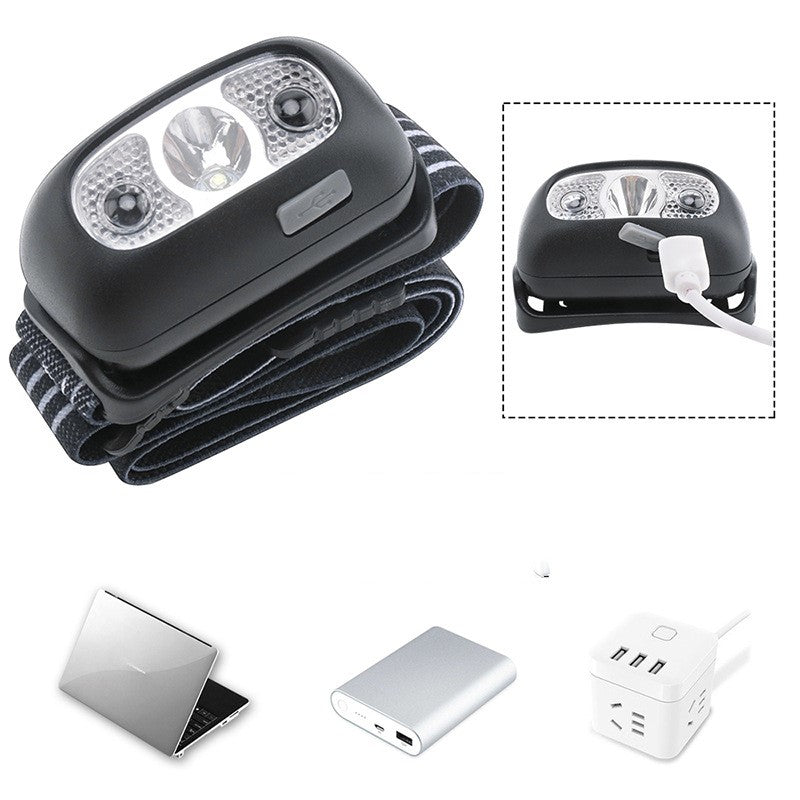 Lampe frontale bandeau enroulé et détail du port de recharge USB