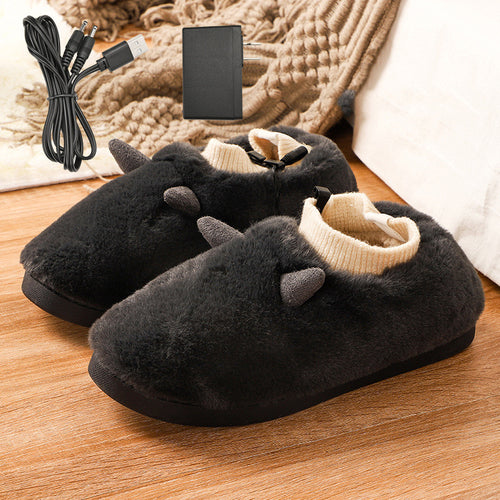 Chaussons chauffants USB noirs avec cordon et boîtier de réglage