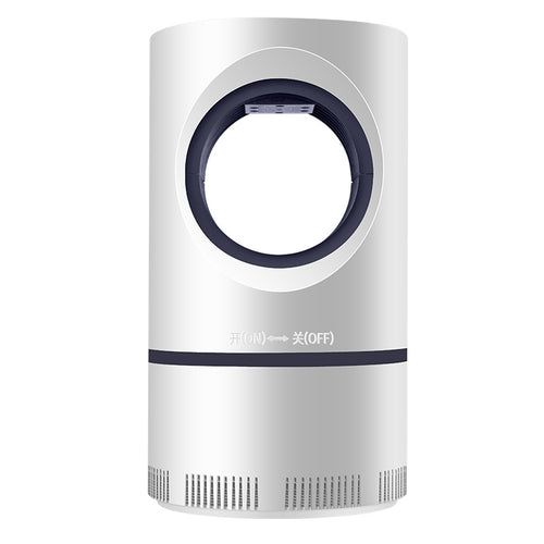 Lampe anti-moustiques UV, boîtier blanc cylindrique, vue de face sur fond blanc