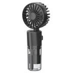 Ventilateur brumisateur portable noir sur fond blanc, réservoir d'eau transparent visible