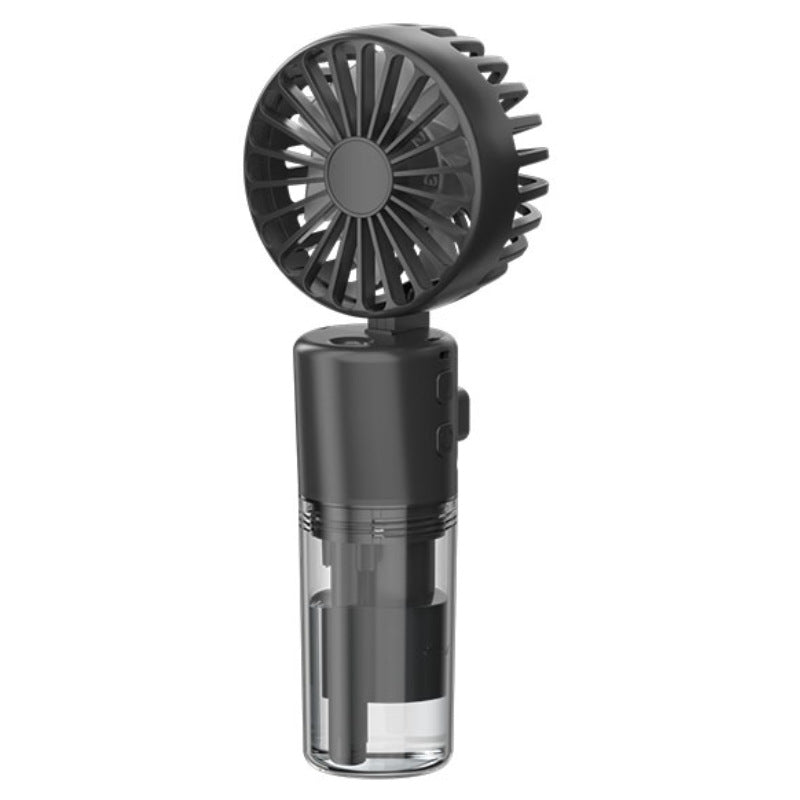 Ventilateur brumisateur portable noir sur fond blanc, réservoir d'eau transparent visible