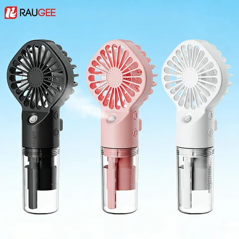 Ventilateur brumisateur portable présenté en trois coloris : noir, rose et blanc, brumisation en fonctionnement
