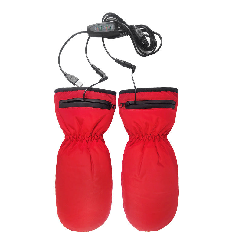 Paire de moufles chauffantes USB rouges avec fermeture zippée au poignet