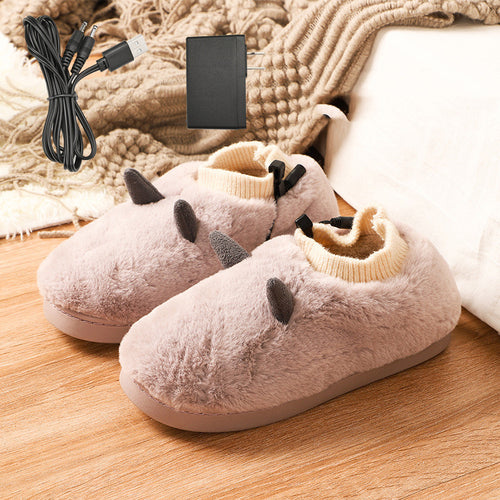 Chaussons chauffants USB rose poudré avec cordon et boîtier de réglage