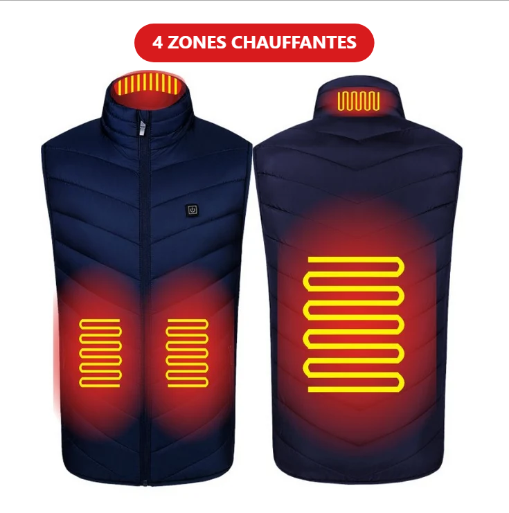 Gilet chauffant USB bleu marine, vue avant et arrière, avec la mention 4 zones chauffantes