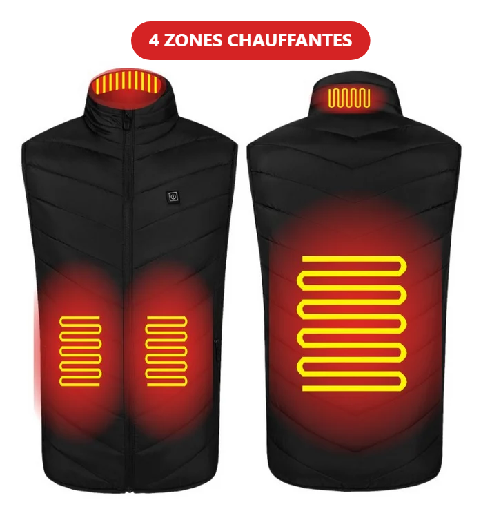 Gilet chauffant USB noir, vue avant et arrière, avec la mention 4 zones chauffantes