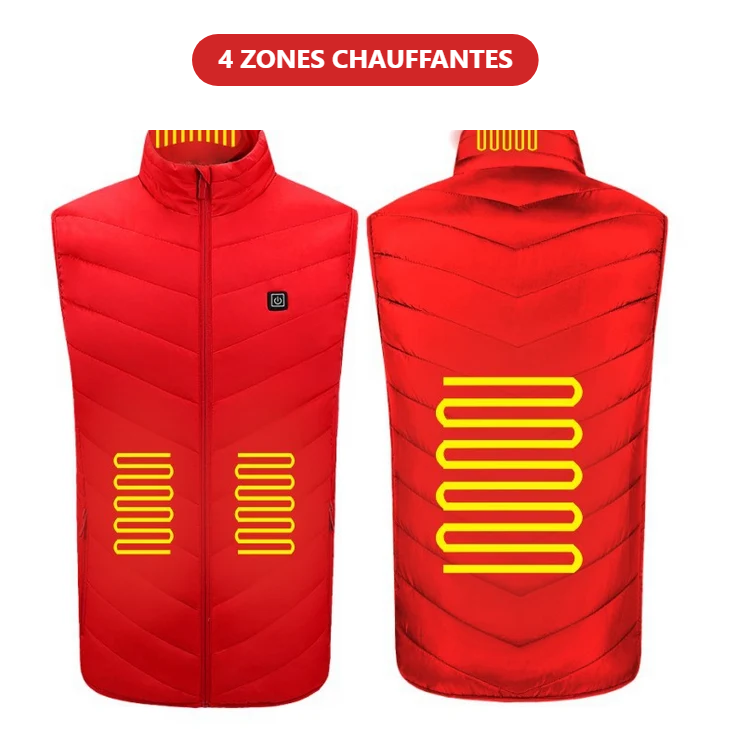 Gilet chauffant USB rouge, vue avant et arrière, avec la mention 4 zones chauffantes