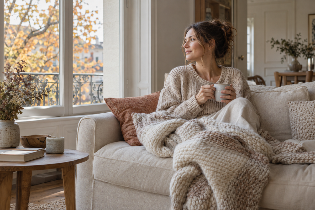 Scène d’inspiration : un moment de détente près d’une fenêtre, dans un salon aux matières naturelles
